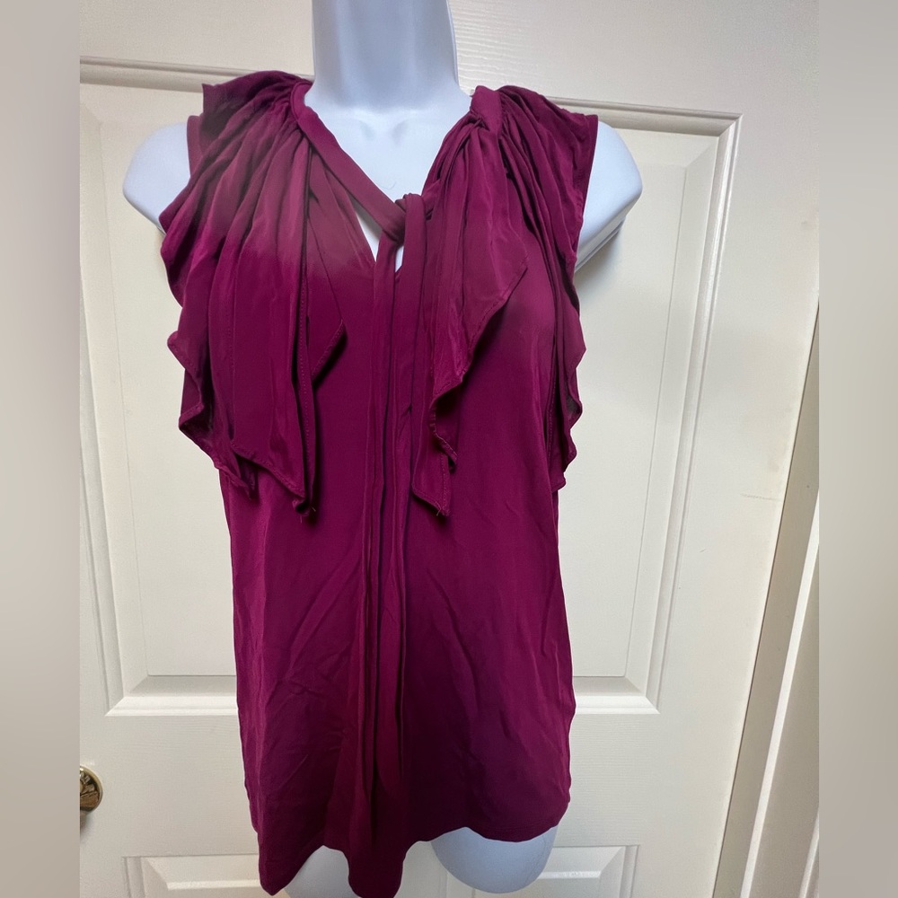 Banana Republic sleeveless purple top with ruffled detail neck and tie